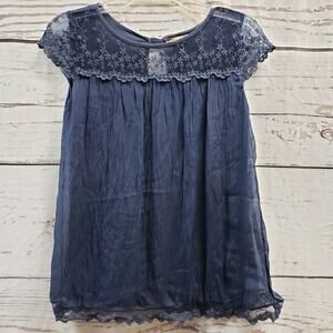 Carla Conti Small Silk Top Womens Blue Lace Short Cap Sleeve Italy Lightweight